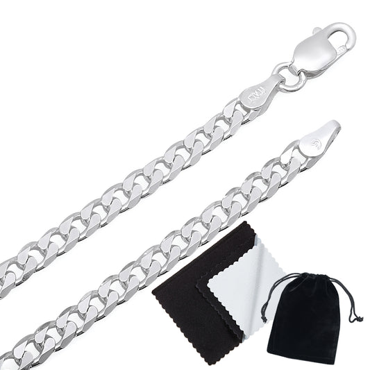 3.5mm High-Polished .925 Sterling Silver (Nickel Free) Flat Beveled Curb Chain Necklace, 7'-40' + Jewelry Cloth & Pouch (SKU: CHN214)