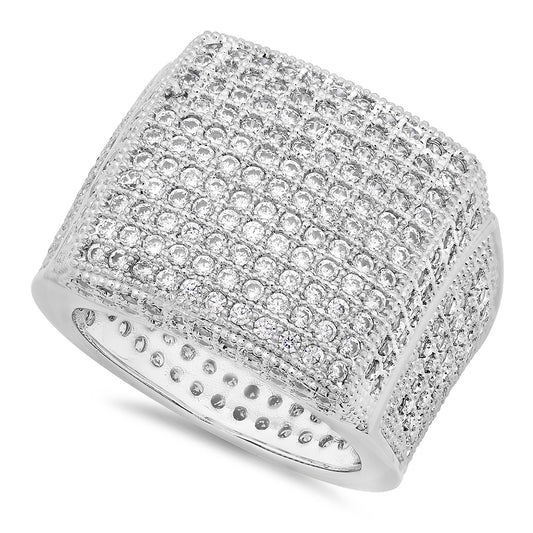 Rhodium Plated Micro-Pave Iced Out Cubic Zirconia Square Top Ring + Jewelry Polishing Cloth (SKU: RP-RN1002)