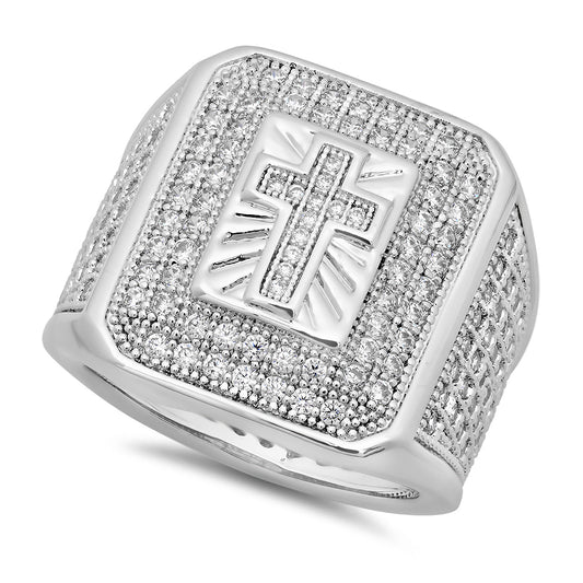 Rhodium Plated Micro-Pave Iced Out Cubic Zirconia Cross Ring + Jewelry Polishing Cloth (SKU: RP-RN1009)