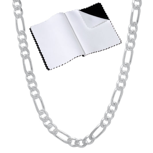 4.7mm Diamond-Cut .925 Sterling Silver (Nickel Free) Flat Figaro Chain Necklace, 7'-30' + Jewelry Cloth & Pouch (SKU: SYC123)