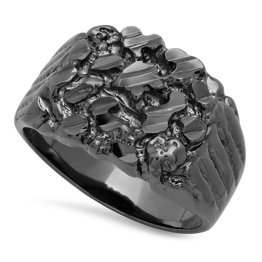 The Bling Factory Men's Black-Ion Plated Chunky Nugget Pinky Ring, Size 7-16 + Bonus Polishing Cloth (SKU: BL-MN3)