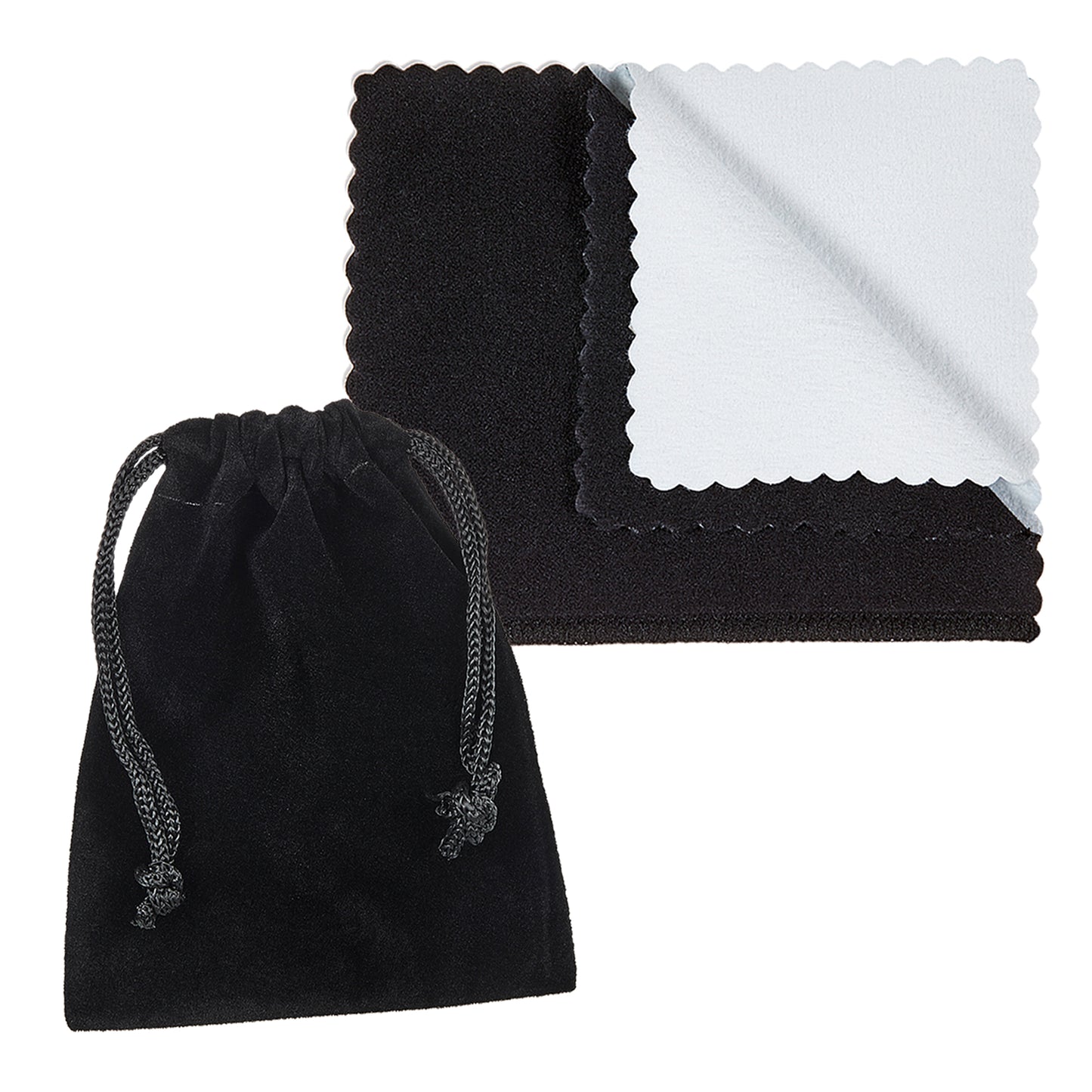 Black Velvet Cloth Jewelry Pouch / Drawstring Bag + Microfiber Polishing Cleaning Cloth