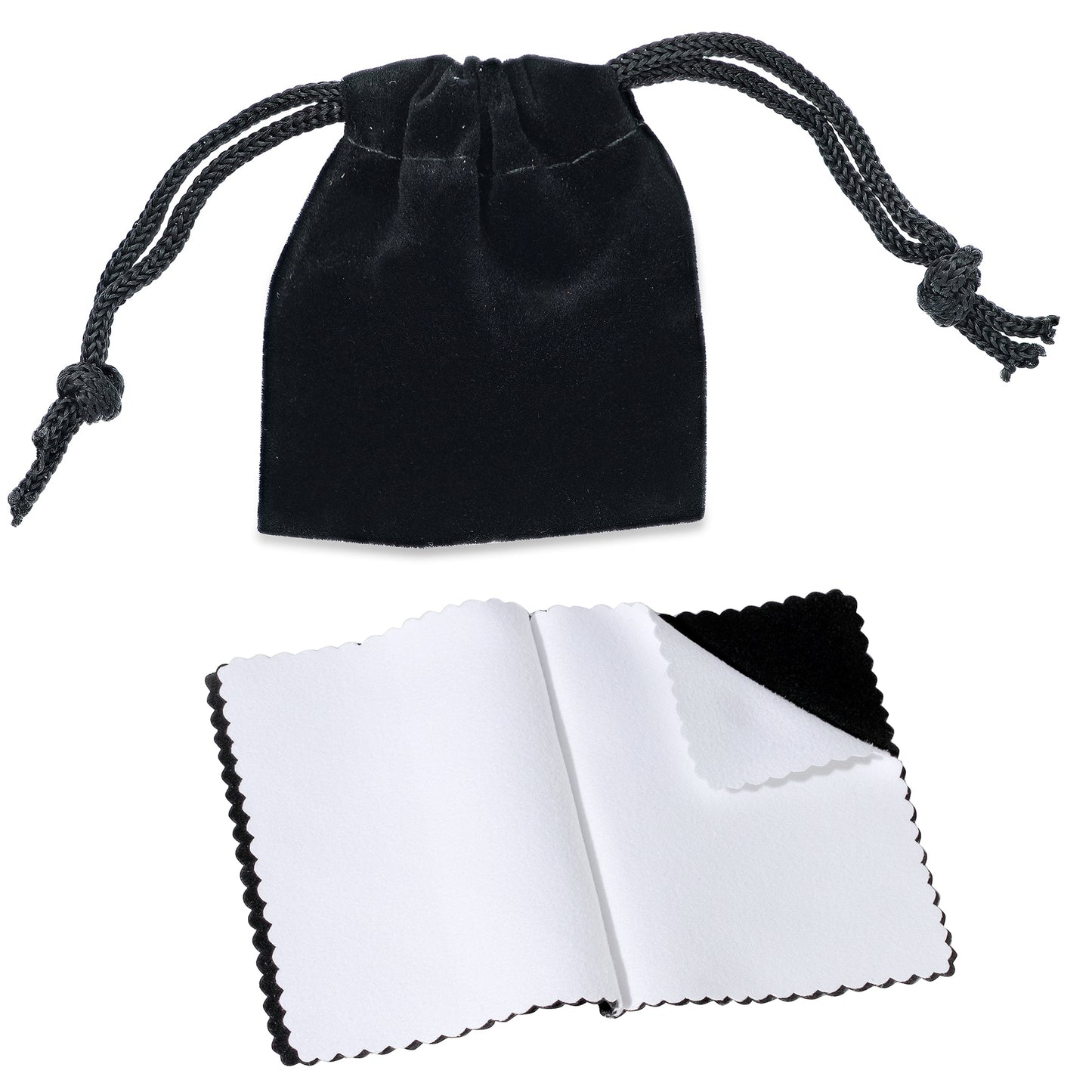 Black Velvet Cloth Jewelry Pouch / Drawstring Bag + Microfiber Polishing Cleaning Cloth