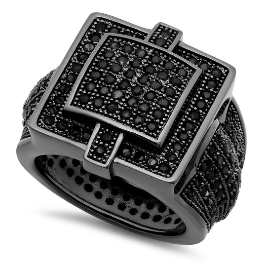Black Plated Square Micro-Pave Iced Out Cubic Zirconia Hip Hop Ring + Polishing Cloth (SKU: BP-RN1006)