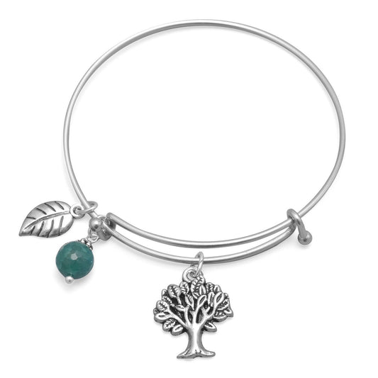 Oxidized Tree, Leaf, Aqua Agate Charm Expandable Wire Bangle Bracelet 8 - 9.8 inch + Polishing Cloth