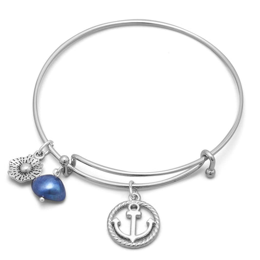 Anchor, Flower, Blue Freshwater Pearl Charm Expandable Wire Bangle Bracelet + Polishing Cloth