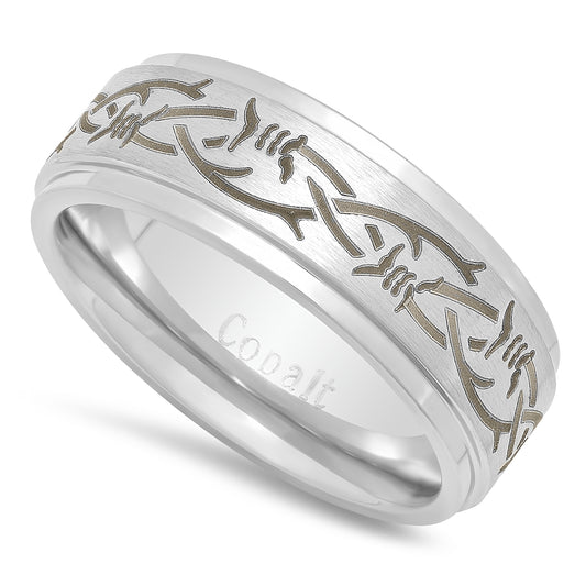 Cobalt 8mm Comfort Fit Ring with Engraved Barbed Wire Design + Microfiber