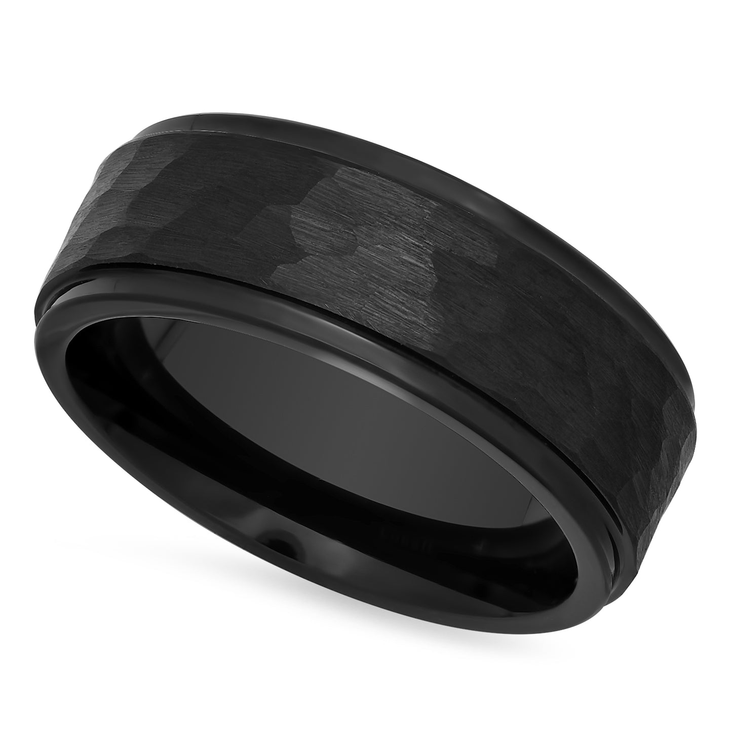 Black Enamel Plated Cobalt 8mm Comfort Fit Ring w/Hammered Center + Microfiber