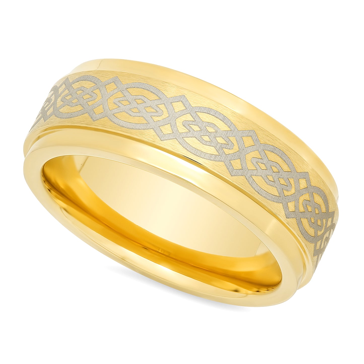 Gold Plated Cobalt 8mm Comfort Fit Ring w/Engraved Celtic Knot Pattern + Microfiber