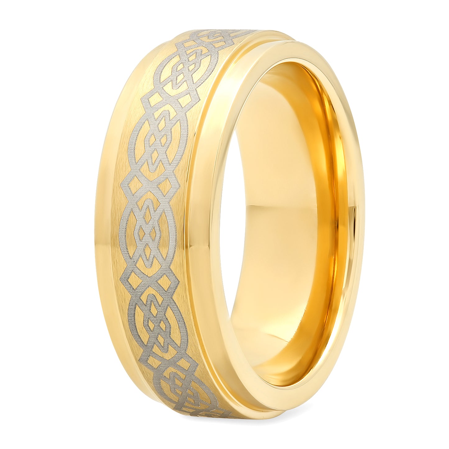 Gold Plated Cobalt 8mm Comfort Fit Ring w/Engraved Celtic Knot Pattern + Microfiber