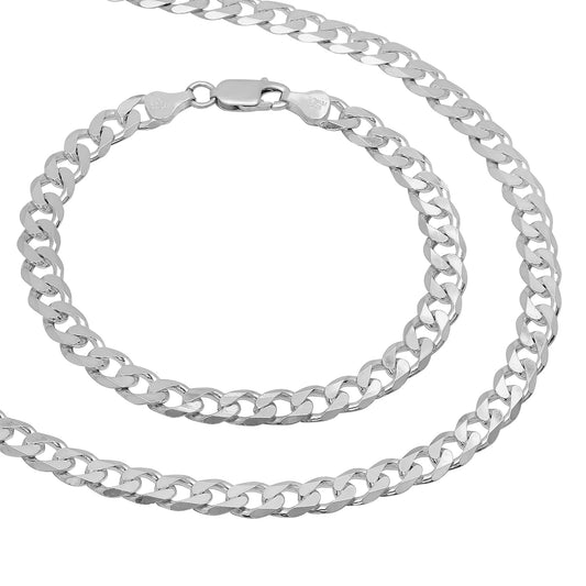 6.5mm Solid .925 Sterling Silver Flat Cuban Link Curb Chain Necklace + Bracelet Set