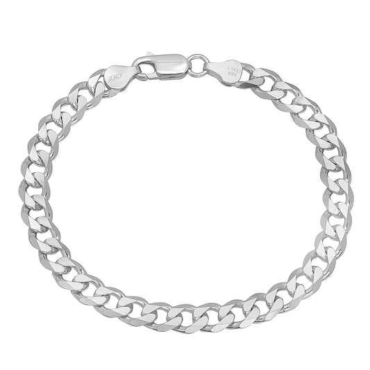 6.5mm Solid .925 Sterling Silver Beveled Curb Chain Bracelet