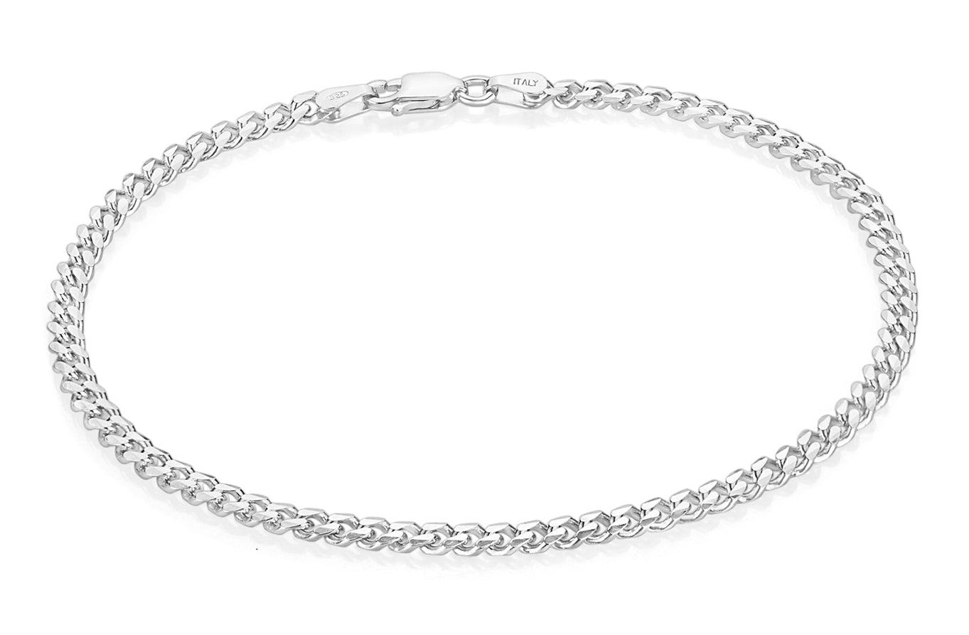 3.5mm Rhodium Plated Silver Flat Curb Chain Bracelet