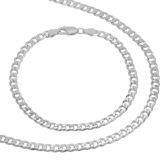 4.5mm Solid .925 Sterling Silver Flat Cuban Link Curb Chain Necklace + Bracelet Set + Gift Box