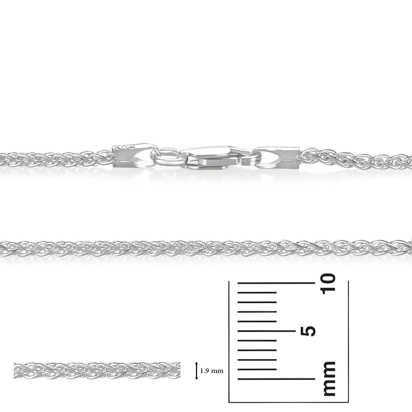 1.9mm Solid .925 Sterling Silver Braided Wheat Chain Necklace