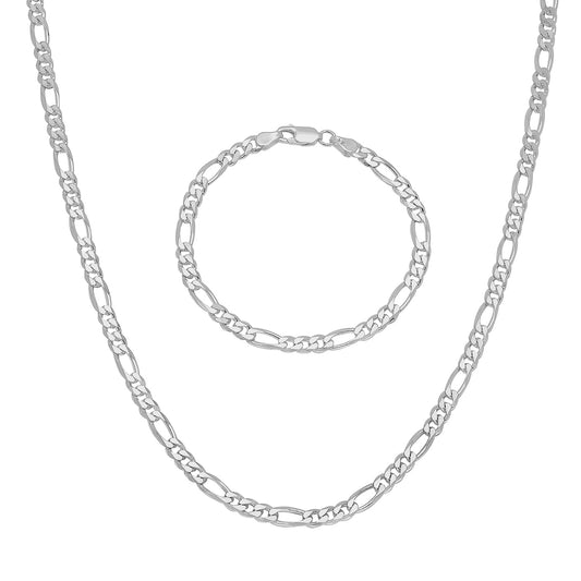 4.9mm Solid .925 Sterling Silver Flat Figaro Chain Necklace + Bracelet Set