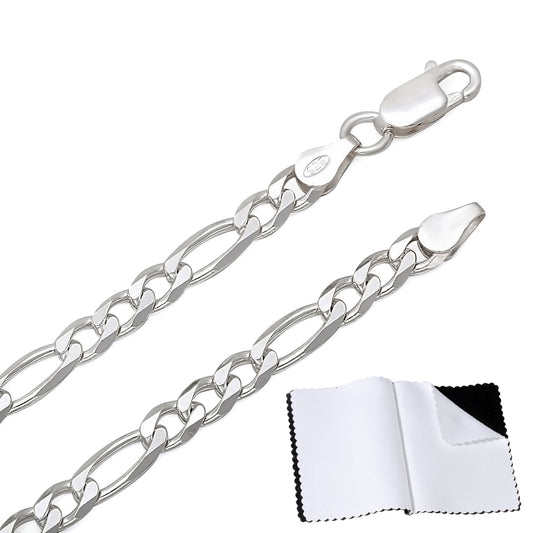 4.9mm Solid .925 Sterling Silver Flat Figaro Chain Necklace