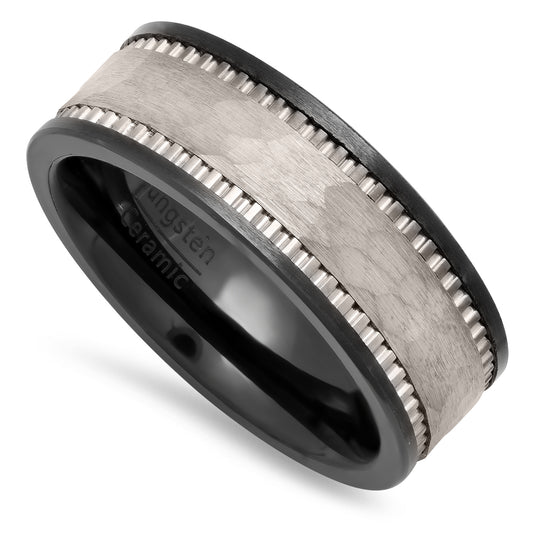 Black Ceramic 8mm Comfort Fit Ring w/Hammered Tungsten Carbide Inlay