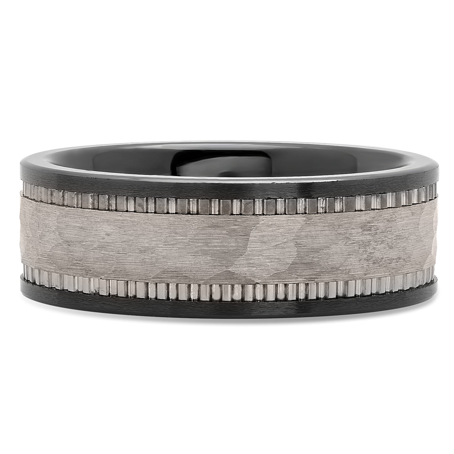 Black Ceramic 8mm Comfort Fit Ring w/Hammered Tungsten Carbide Inlay