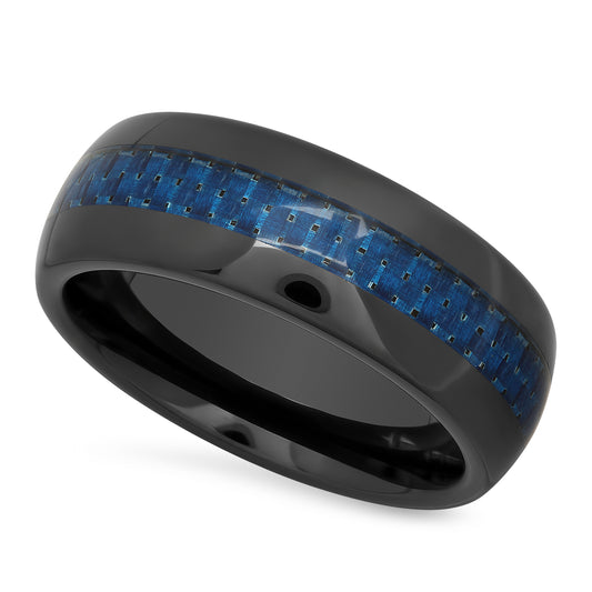 Black Ceramic 8mm Domed Comfort Fit Ring w/Blue Carbon Fiber Inlay