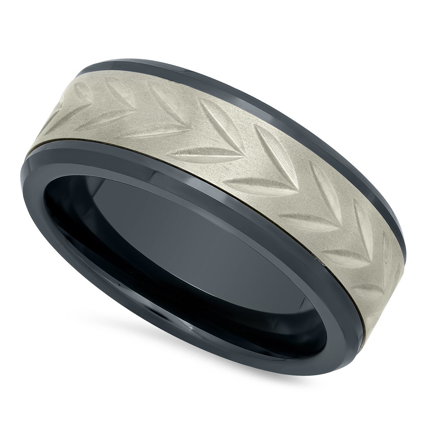 Black Ceramic 8mm Comfort Fit Ring w/Arrowhead Etched Titanium Inlay