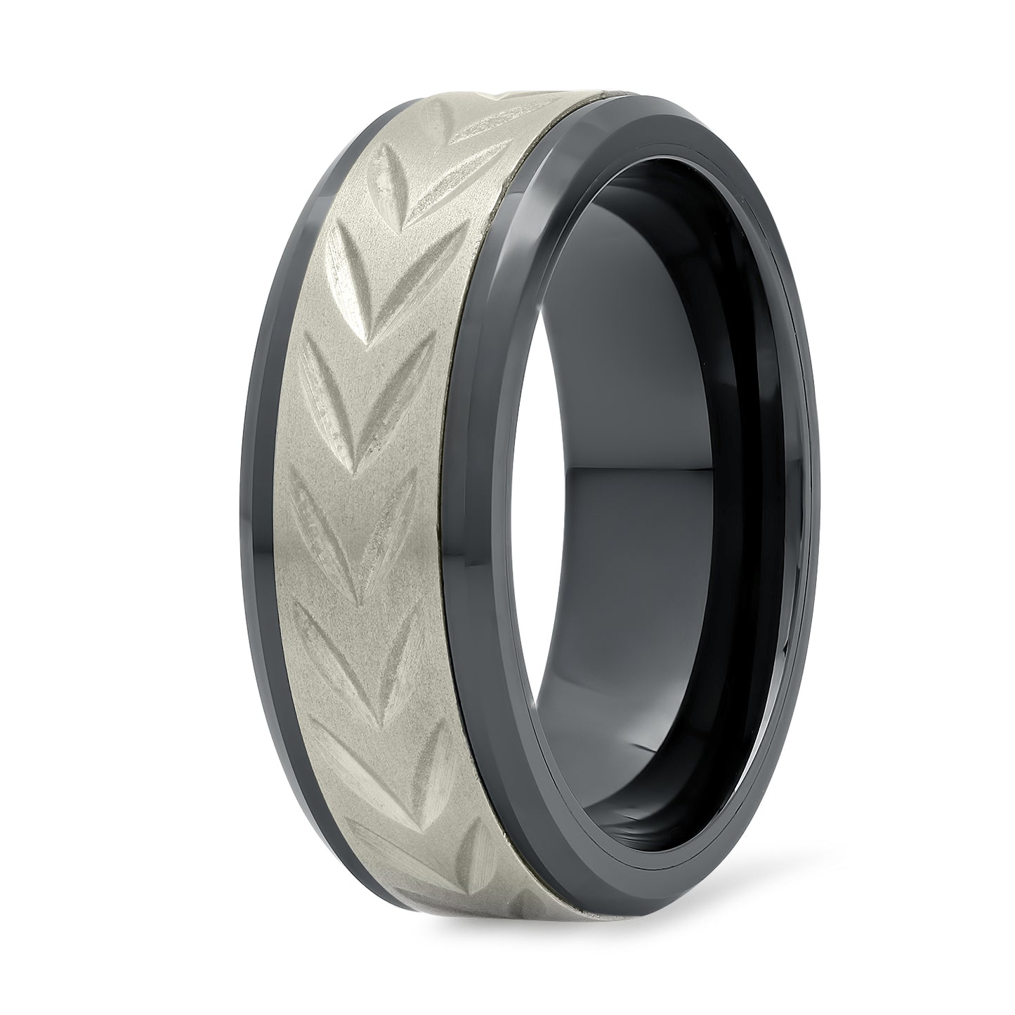 Black Ceramic 8mm Comfort Fit Ring w/Arrowhead Etched Titanium Inlay