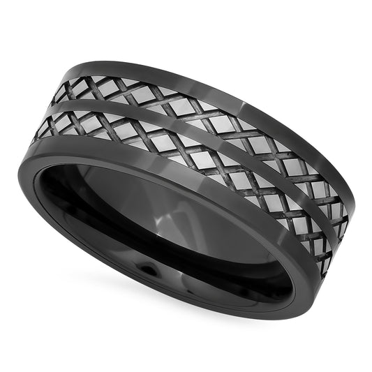 Black Ceramic 8.8mm Comfort Fit Ring w/Etched Tungsten Carbide Inlays