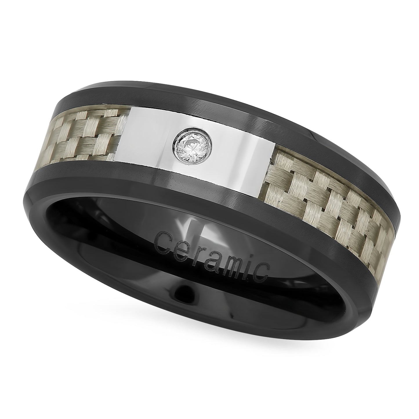 Black Ceramic 8mm Comfort Fit Ring w/Grey Carbon Fiber Inlay & CZ