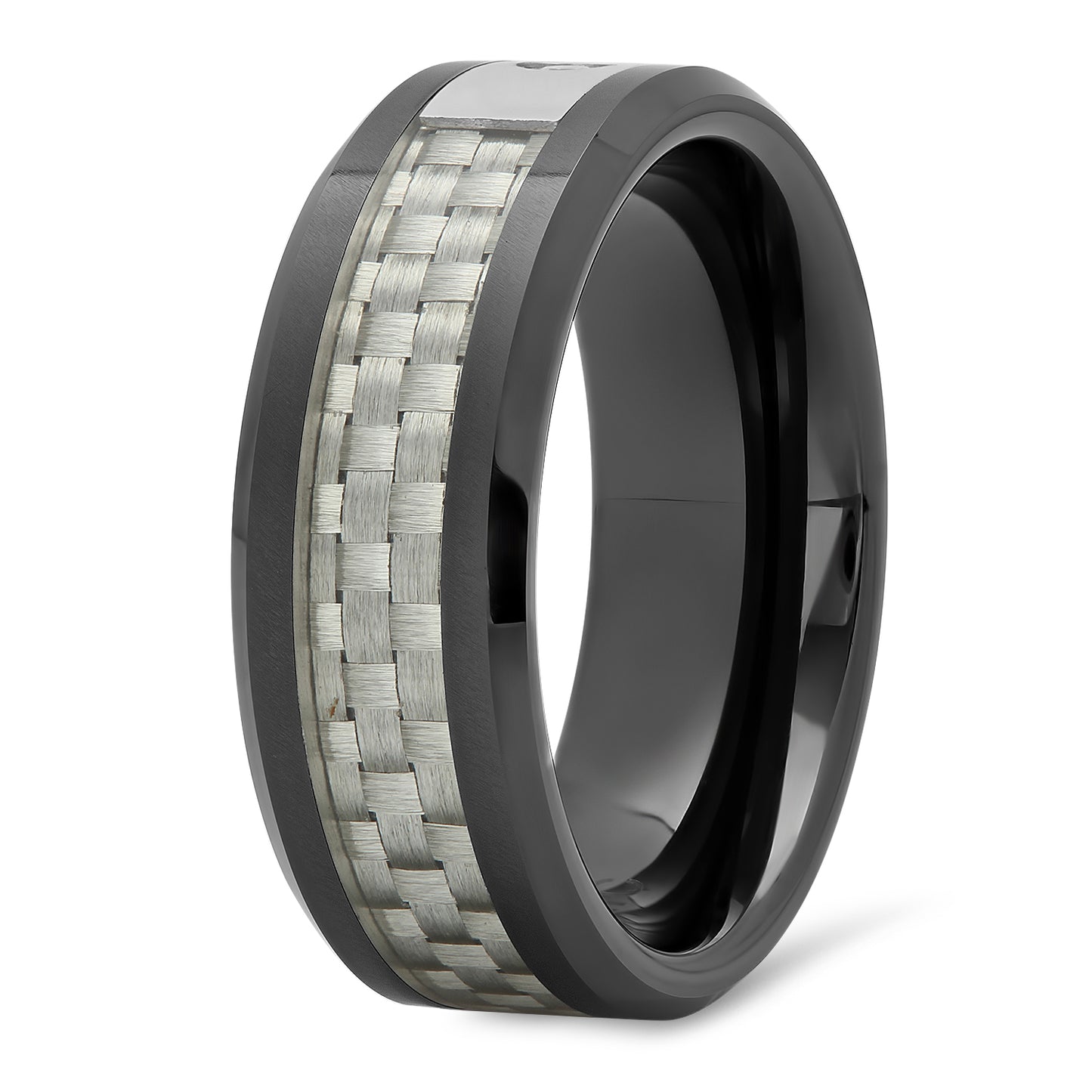 Black Ceramic 8mm Comfort Fit Ring w/Grey Carbon Fiber Inlay & CZ