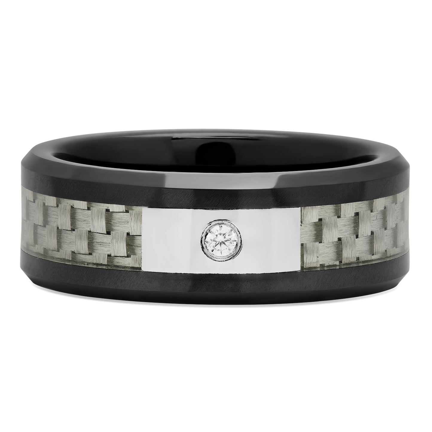 Black Ceramic 8mm Comfort Fit Ring w/Grey Carbon Fiber Inlay & CZ