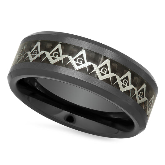 Black Ceramic 8mm Comfort Fit Ring w/Masonic & Black Carbon Fiber Inlay