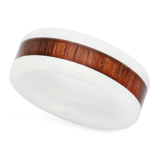White Ceramic 8mm Comfort Fit Ring w/Hawaiian Koa Wood Inlay + Jewelry Polishing Cloth (SKU: CR-RN1010)