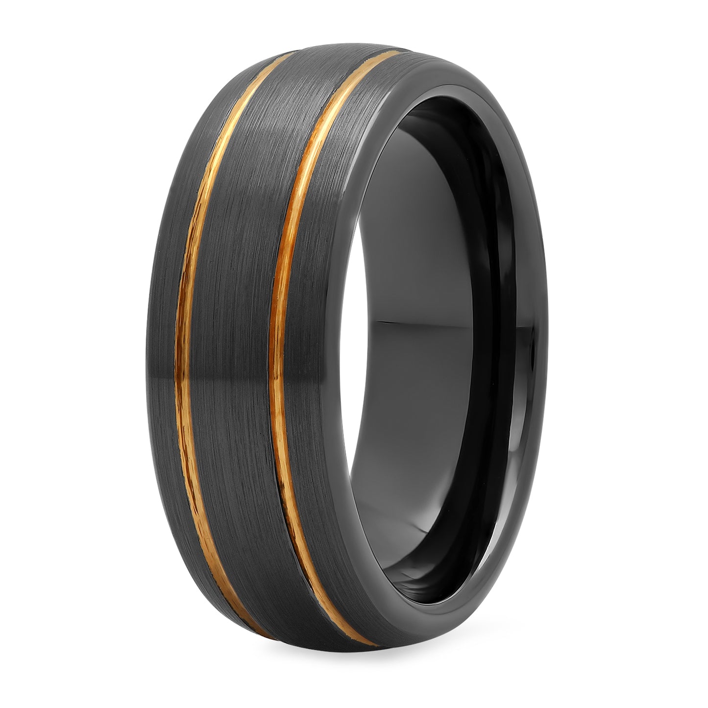 Black Ceramic 8mm Comfort Fit Ring w/Dual Yellow Gold Plated Grooves + Microfiber (SKU: CR-RN1011)