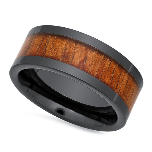 Black Ceramic 8mm Comfort Fit Ring w/Hawaiian Koa Wood Inlay