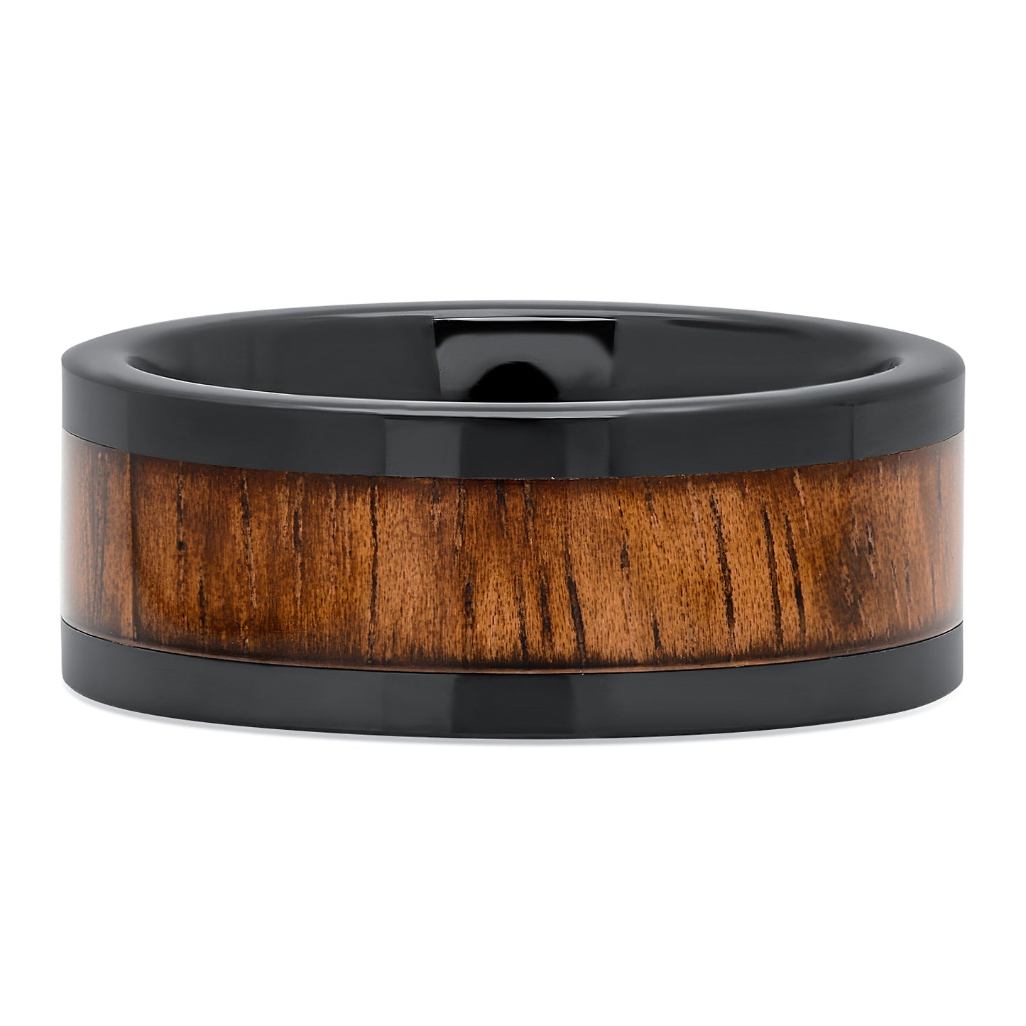 Black Ceramic 8mm Comfort Fit Ring w/Hawaiian Koa Wood Inlay