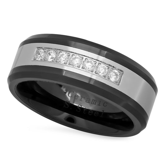 Black Ceramic 8mm Comfort Fit Wedding Ring w/CZs & Stainless Steel Inlay