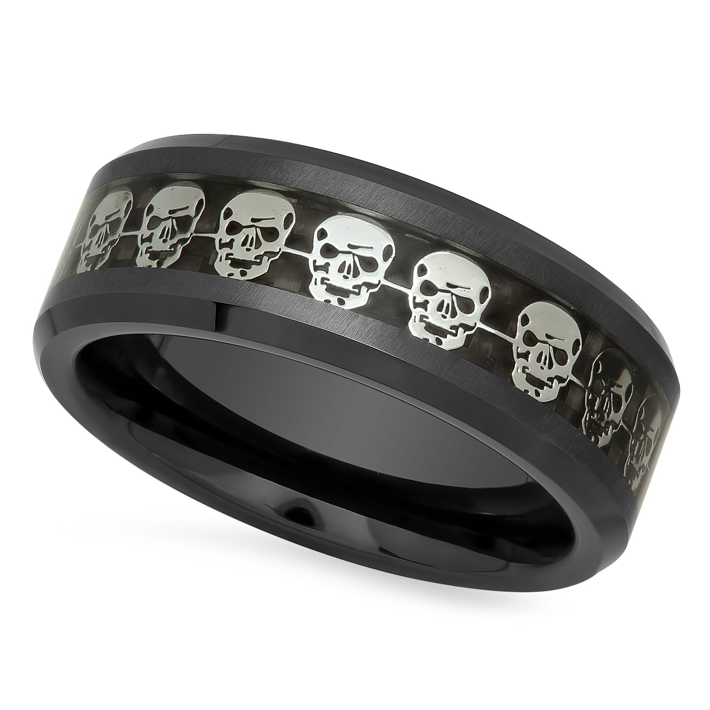 Black Ceramic 8mm Comfort Fit Ring w/Skulls & Black Carbon Fiber Inlay