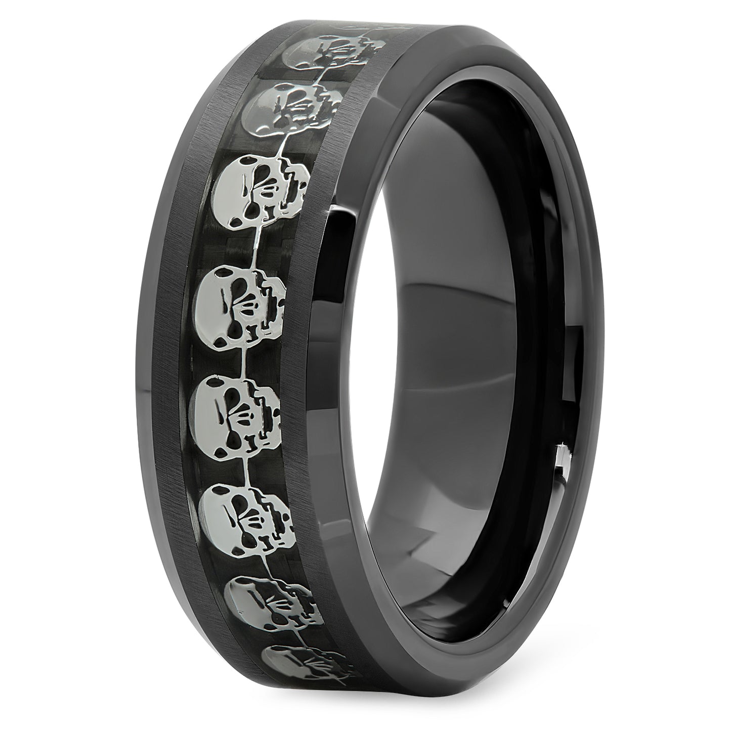 Black Ceramic 8mm Comfort Fit Ring w/Skulls & Black Carbon Fiber Inlay