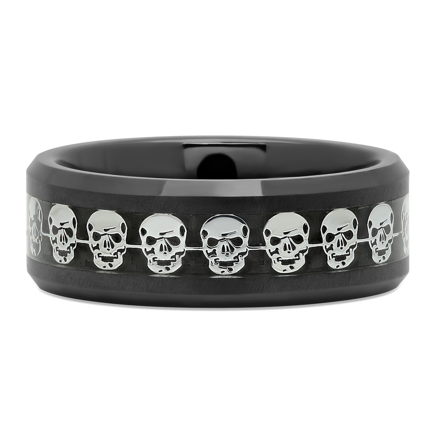 Black Ceramic 8mm Comfort Fit Ring w/Skulls & Black Carbon Fiber Inlay