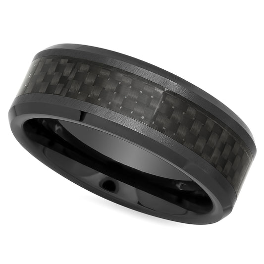 Black Ceramic 8mm Comfort Fit Ring with Black Carbon Fiber Inlay