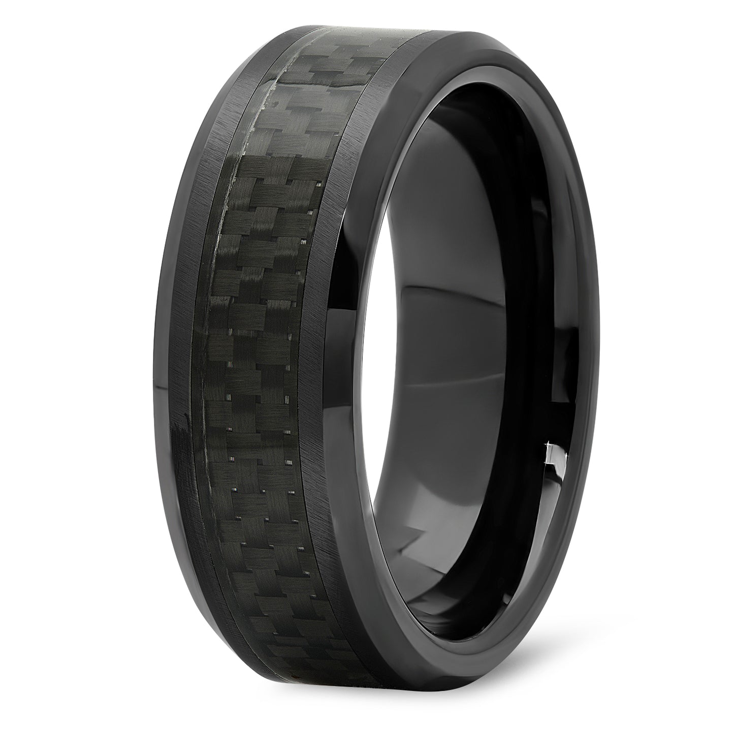 Black Ceramic 8mm Comfort Fit Ring with Black Carbon Fiber Inlay