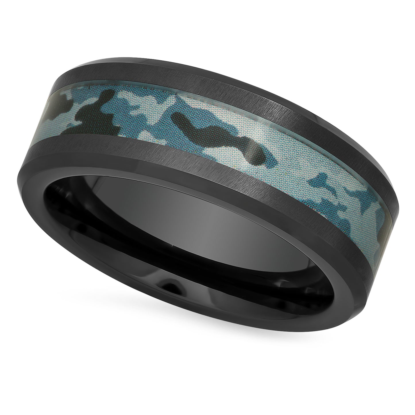 Black Ceramic 8mm Comfort Fit Ring with Camouflage Design Inlay