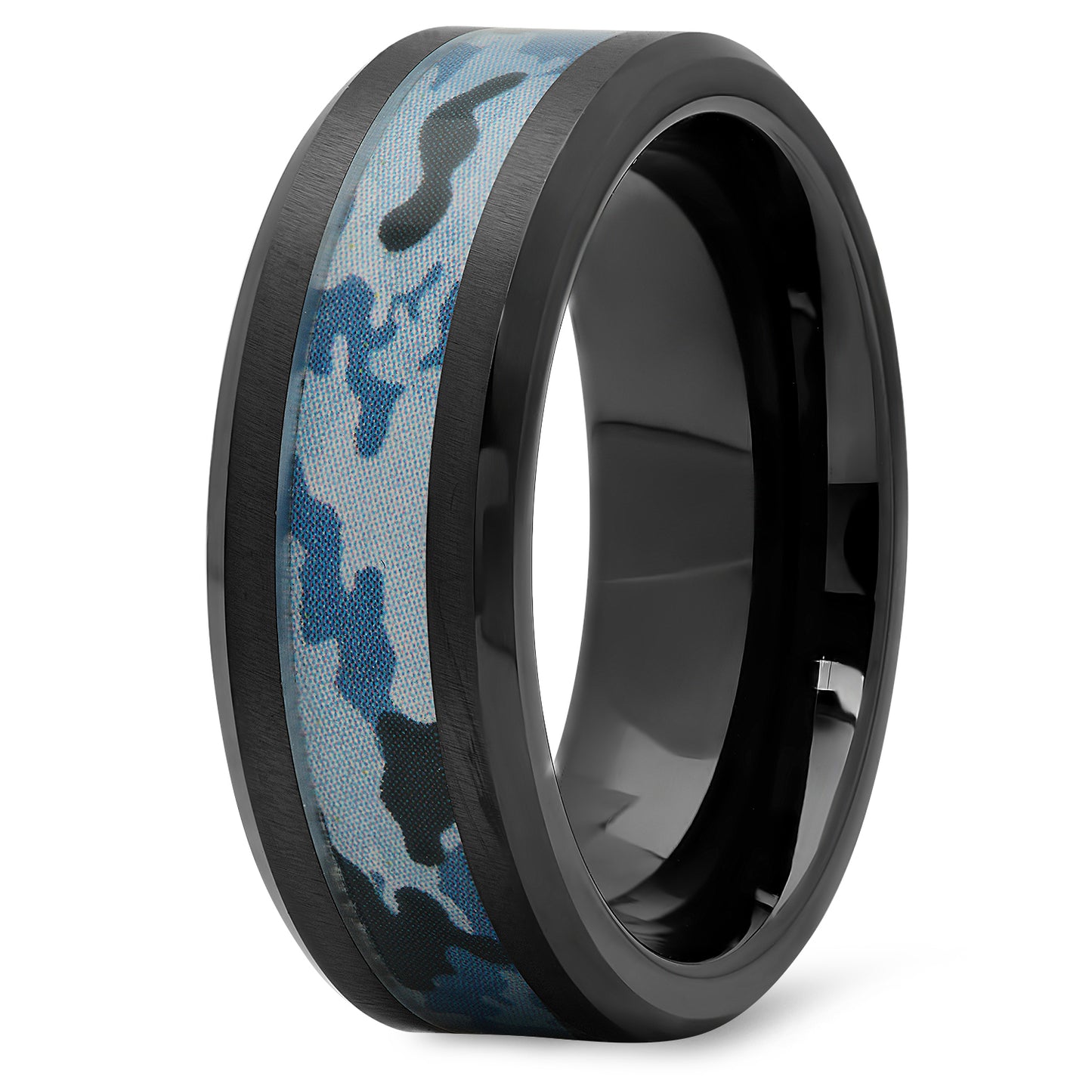 Black Ceramic 8mm Comfort Fit Ring with Camouflage Design Inlay