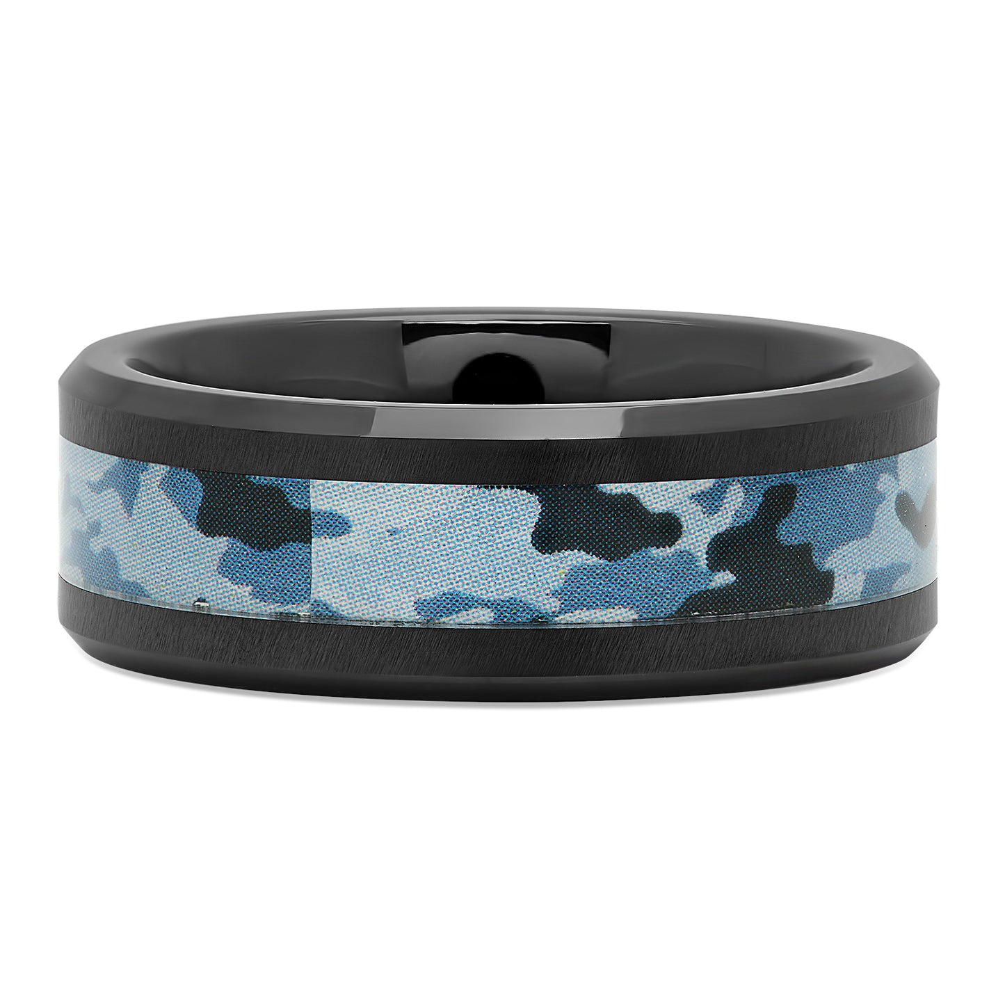 Black Ceramic 8mm Comfort Fit Ring with Camouflage Design Inlay