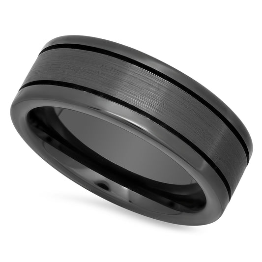 Polished Black Ceramic 8mm Comfort Fit Ring with Brushed Center