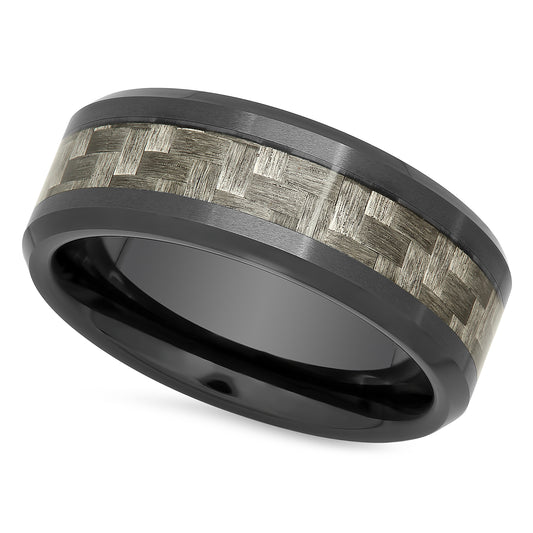 Black Ceramic 7mm Comfort Fit Ring w/Charcoal Gray Carbon Fiber Inlay