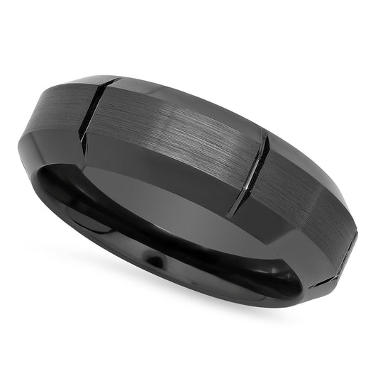 Brushed Black Ceramic 7mm Comfort Fit Ring w/Vertical Grooves