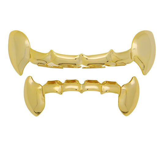 The Bling Factory 24k Gold Plated Vampire Fang Removable Top & Bottom Teeth Grillz Set + Polishing Cloth (SKU: GDT1001)