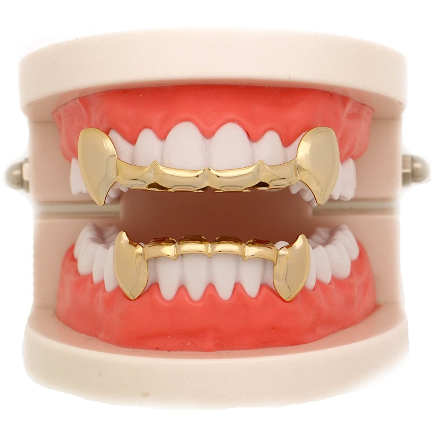 The Bling Factory 24k Gold Plated Vampire Fang Removable Top & Bottom Teeth Grillz Set + Polishing Cloth