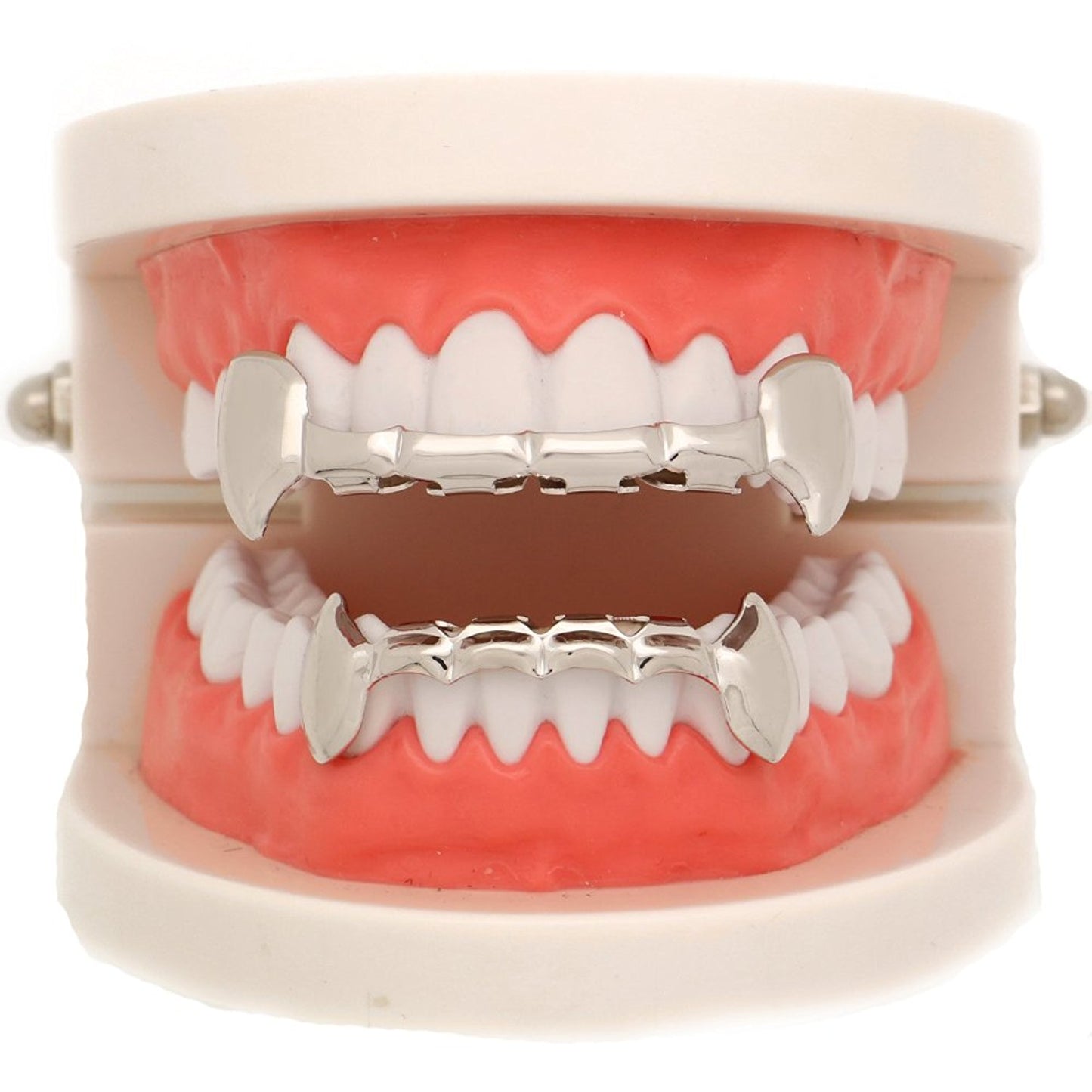 The Bling Factory 14k White Gold Plated Vampire Fang Removable Top & Bottom Teeth Grillz Set